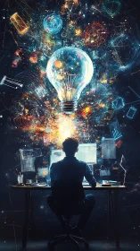 Backlit creator at workstation visualizing data-driven ideation burst