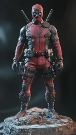 3D character render of red-black armored antihero on plinth.
