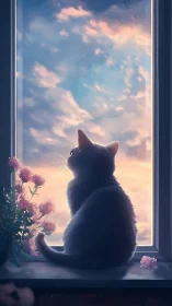 Cat seated at window observing sky with flowers
