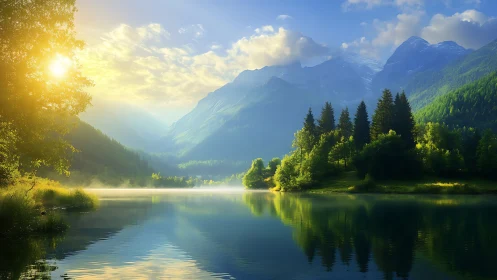 Sunlit mountain lake reflects forested slopes at sunrise