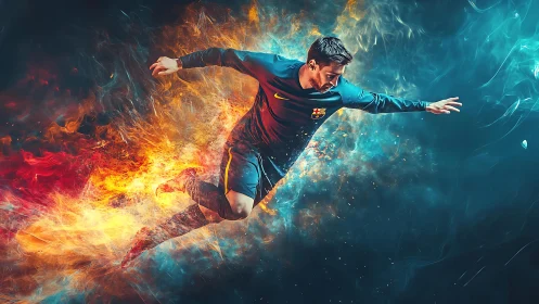 Explosive soccer dive amid swirling fire and ice energy fields.
