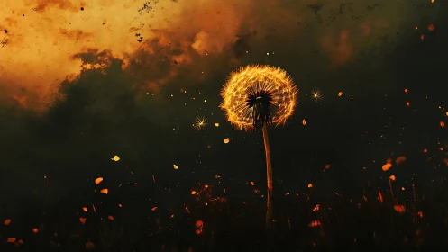 Glowing dandelion burns softly against a storm-darkened sky