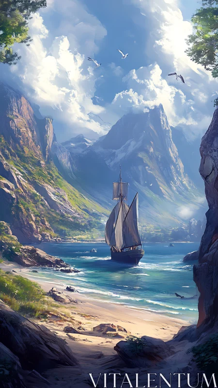 Tall ship cuts turquoise cove below towering peaks.