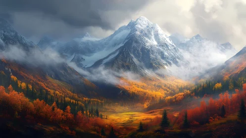 Majestic snowy mountains towering above a glowing autumn valley.