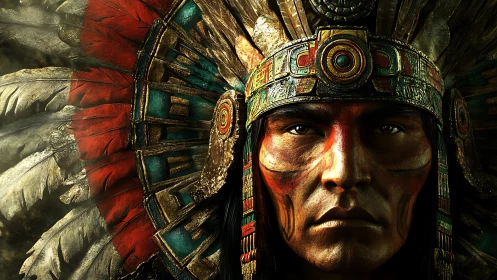 Warrior portrait with ornate feathered headdress in profile.