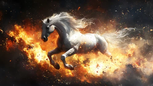 White horse in mid-leap amid abstract flame effects.
