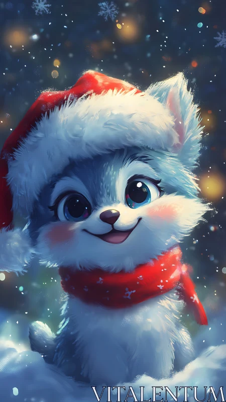 Festive puppy portrait renders soft fur and luminous snow bokeh