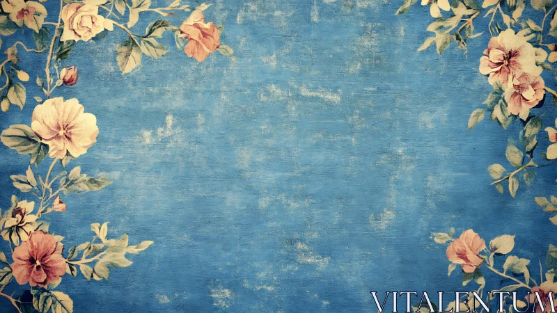 Floral border illustration on textured blue background.