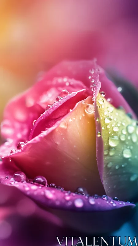 Macro Floral Study: Iridescent Rose Petals with Dewdrops.