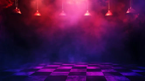 Neon haze ballroom with moody checkerboard and hanging halos.