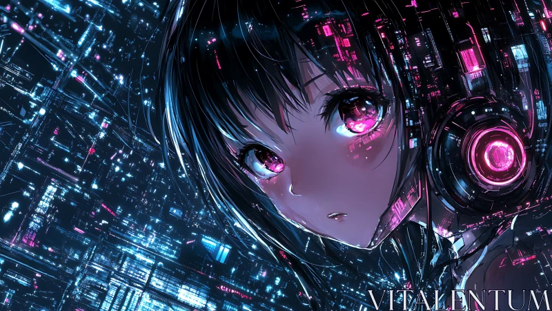 Neon-eyed cybernetic girl in luminous holographic cityscape.