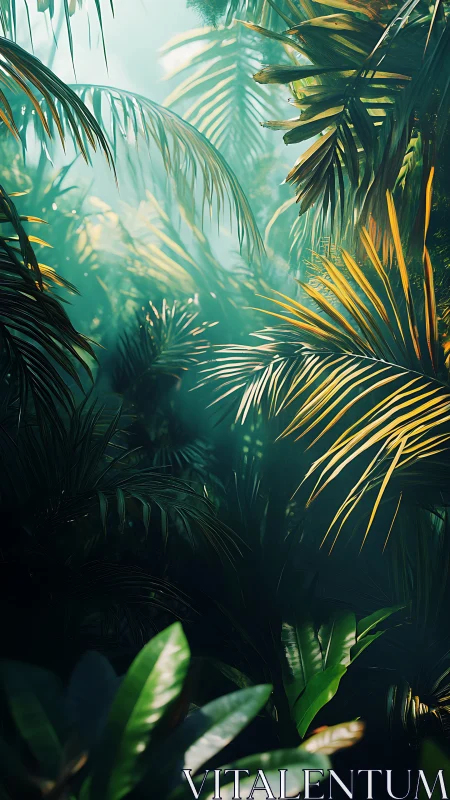 Volumetric light slicing through dense digital jungle canopy.