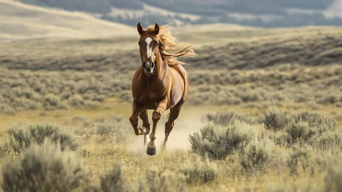 Wild chestnut horse charges across open prairie grassland.
