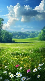 Lush wildflower meadow beneath towering summer clouds.