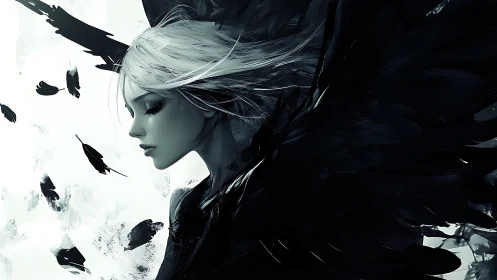 Winged monochrome seraph in dramatic side profile portrait.