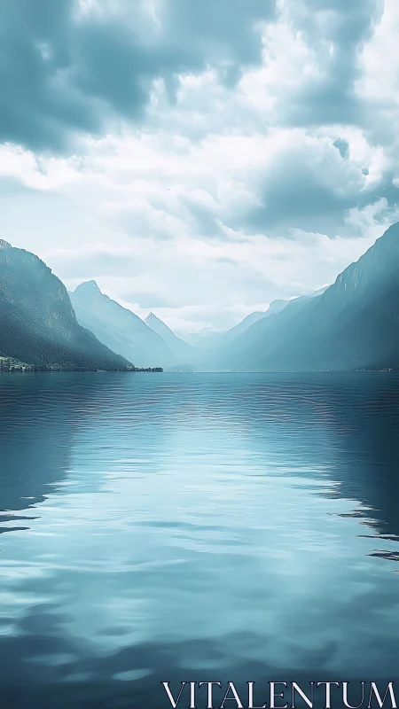 Sky-mirrored mountain fjord holding its breath in blue hush.