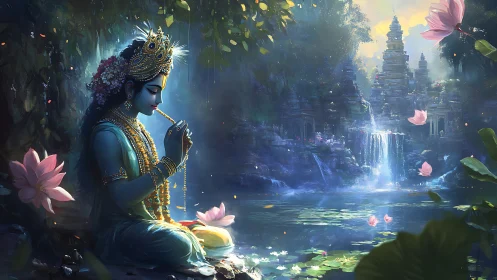 Serene blue deity with flute beside temple waterfall scene.