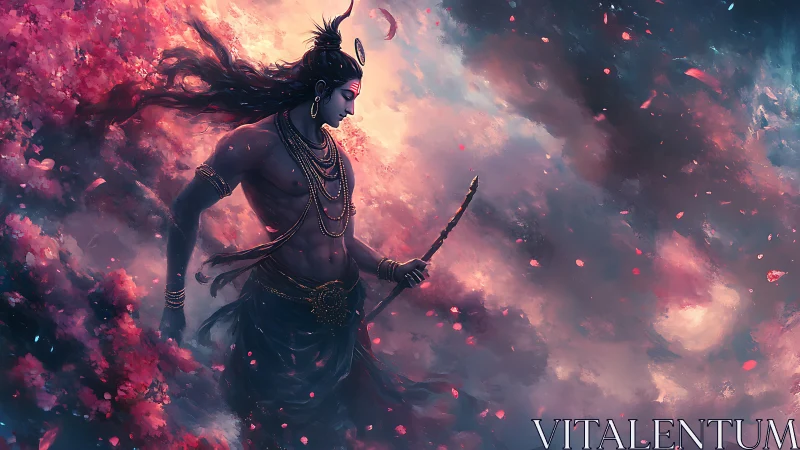Divine warrior strides through swirling cosmic blossoms.