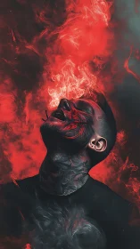 Combustive portrait with red volumetric smoke plumes erupting.