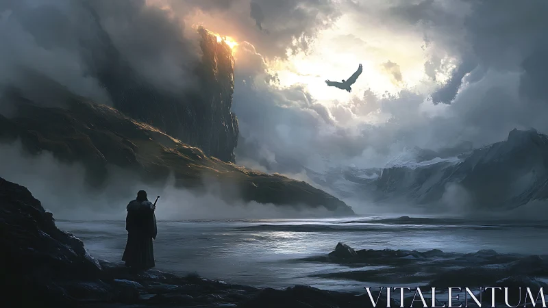 Lone cloaked figure in icy valley under soaring eagle.