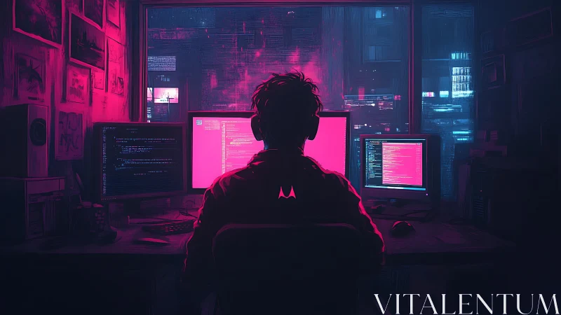 Neon code storms glow around a lone midnight programmer