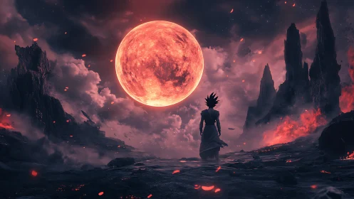 Warrior beneath colossal blood moon in infernal wasteland.