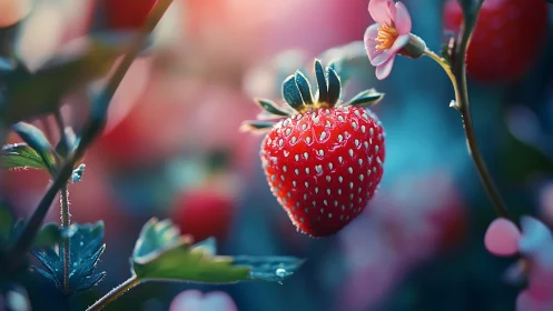Ripe strawberry glows under soft bokeh garden light.