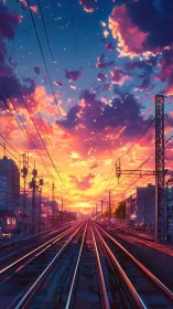 Urban railway corridor under vivid sunset sky perspective.