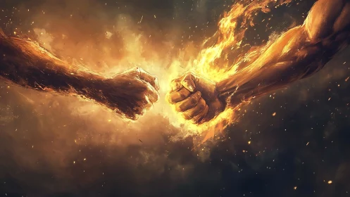 Opposing muscular fists collide amid fiery energy field.