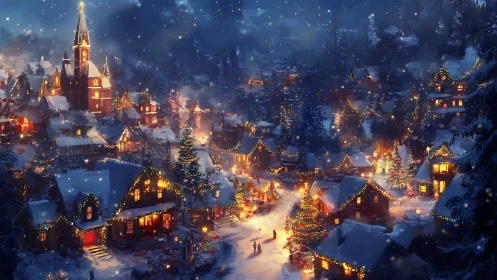 Snow-laden alpine village at night with glowing festive lights