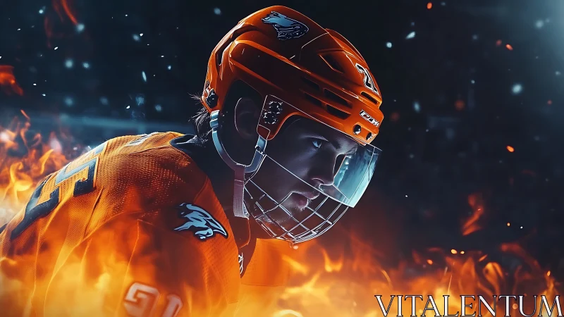 Fire-forged hockey warrior in molten orange armor focus.