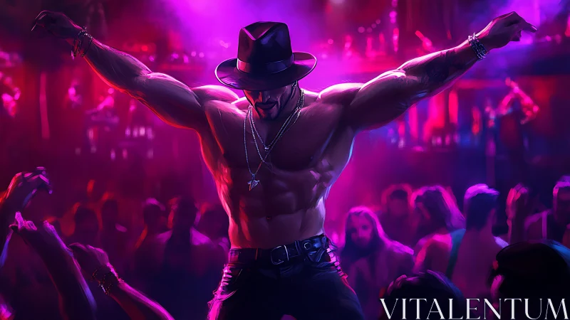 Shirtless male dancer extends arms on crowded nightclub stage