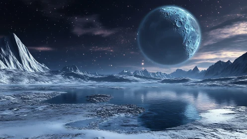Frozen alien coastline reflects looming cratered blue planet