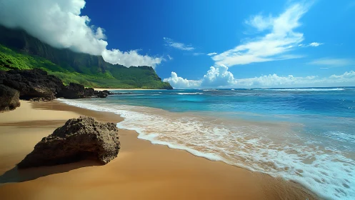 Tropical Paradise Beach With Green Cliffs and Azure Waters.