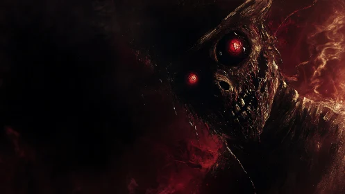 Horror portrait depicts decayed figure with luminous red eyes