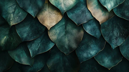 Teal metallic leaves form layered organic abstract pattern.