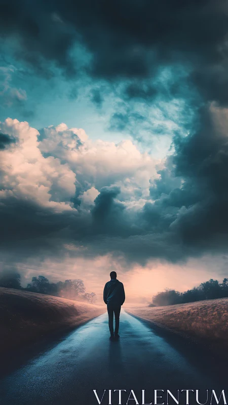 Solitary figure on wet country road under dramatic storm sky