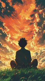 Silhouetted seated figure beneath dense orange cloud field.