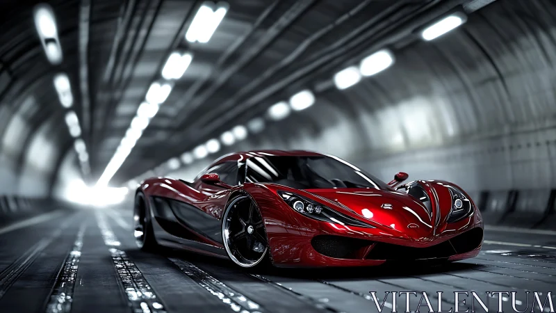 Red aerodynamic sports car is positioned in a tunnel