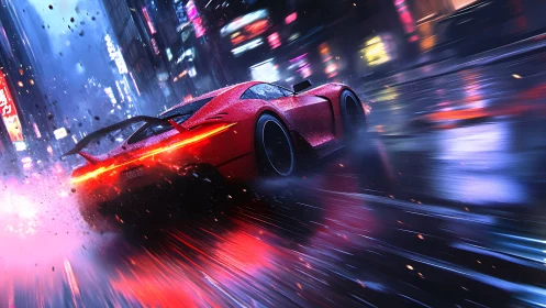Neon rain peels away as a crimson supercar shreds the night
