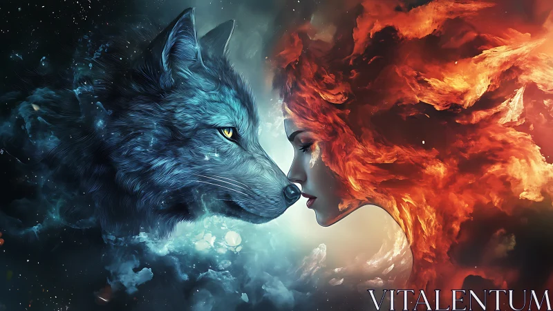 Elemental duality portrait of cosmic ice wolf and fire woman