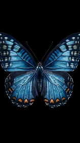 Iridescent blue butterfly spreads luminous patterned wings.