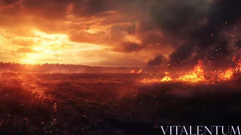 Wildfire consumes a vast landscape under a dramatic sunset sky