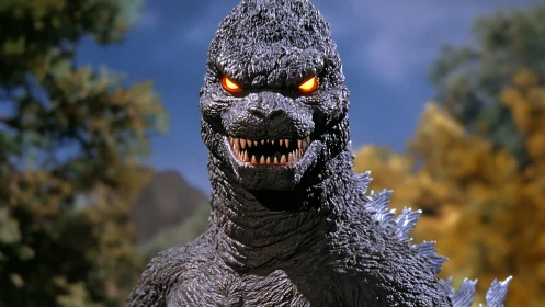 Smoldering-eyed kaiju grins sharply beneath soft forest skies