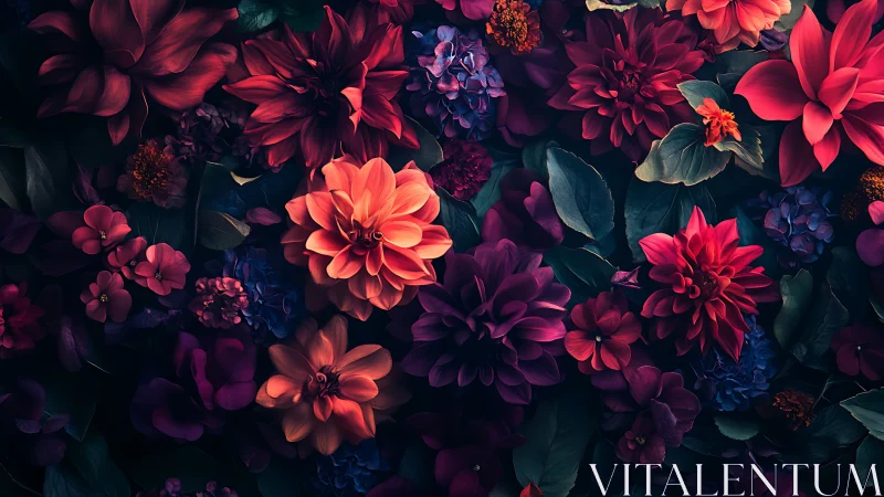 Floral arrangement with red and purple dahlias and complementary blooms.