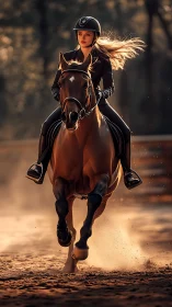 Focused equestrian rides galloping horse through warm dust