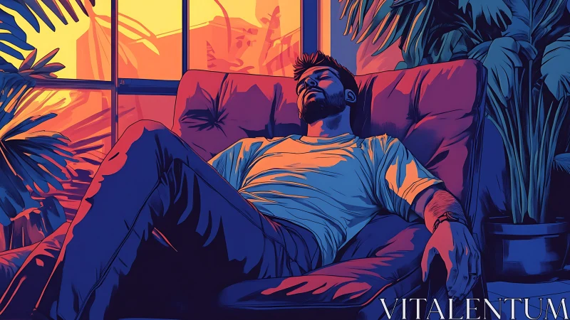 Man rests in lounge chair under sunset window light