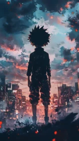 Silhouetted figure over illuminated city under storm clouds.