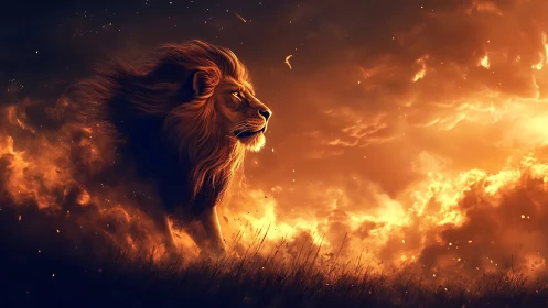 Lion strides through incendiary clouds under high contrast lighting