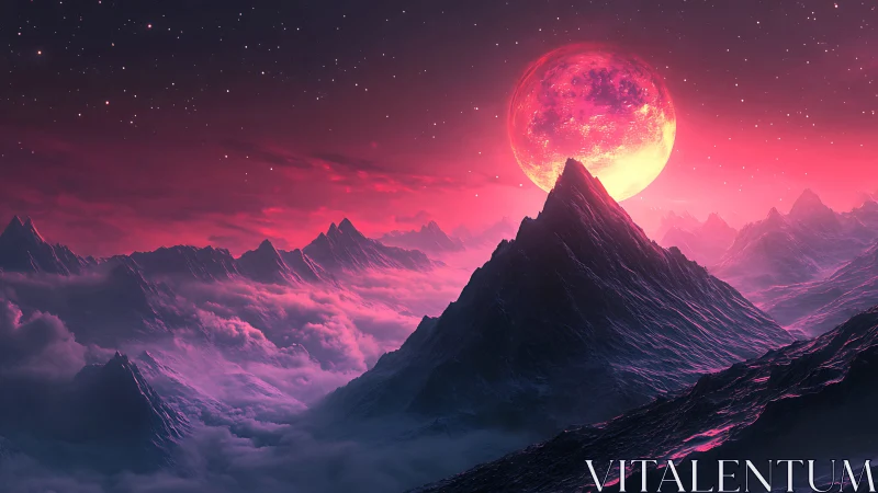 Crimson moonrise crowns alien mountains in neon mist.